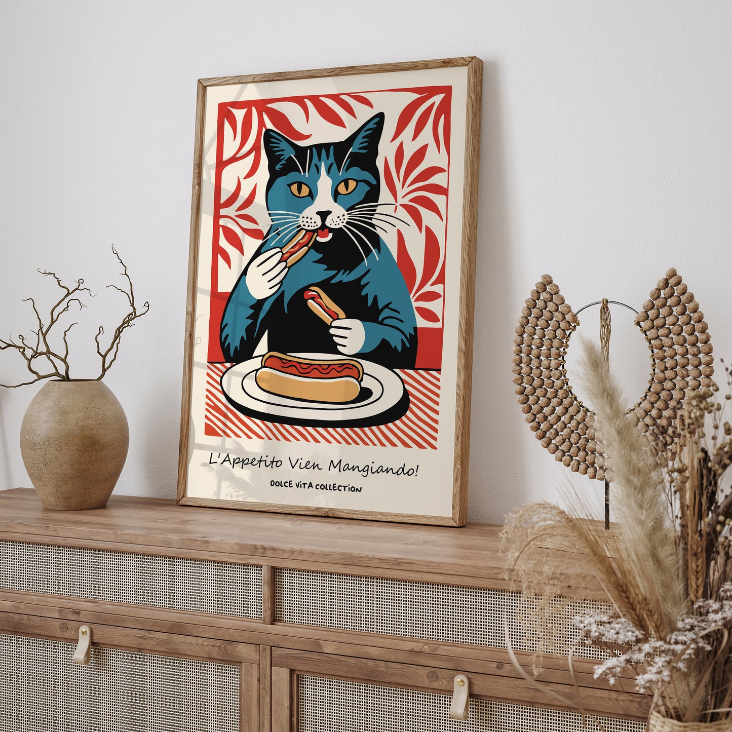 Funny Cat Eating Hot Dog Italian Art Print