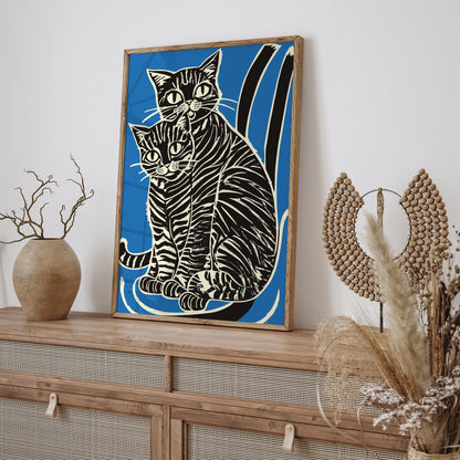 Retro Cats Linocut Poster