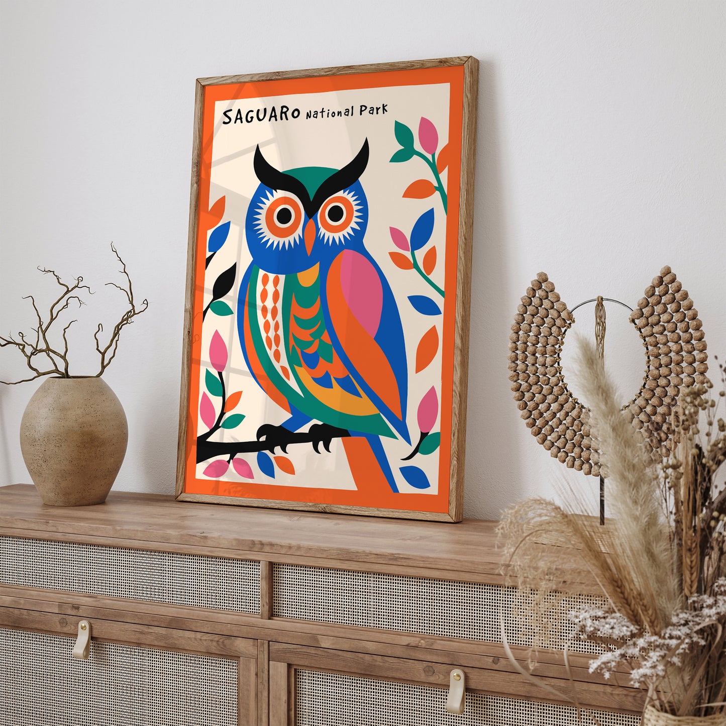 Saguaro National Park Colorful Poster with Cute Owl