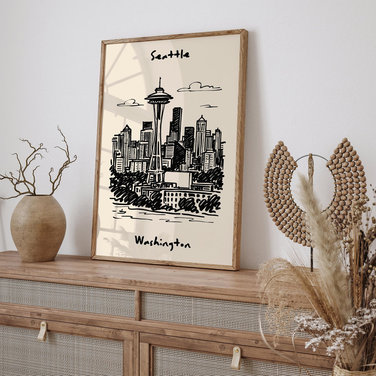 Seattle Washington Black Ink Travel Poster