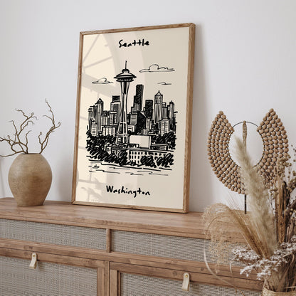 Seattle Washington Black Ink Travel Poster