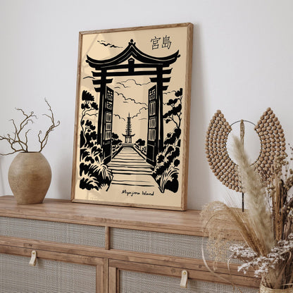 Miyajima Island Tori Gate Black Ink Poster