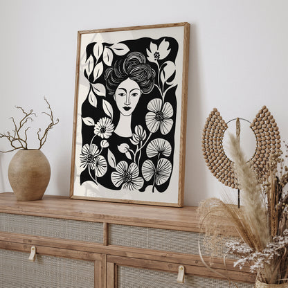 Plant Lady Portrait Black Ink Art Print