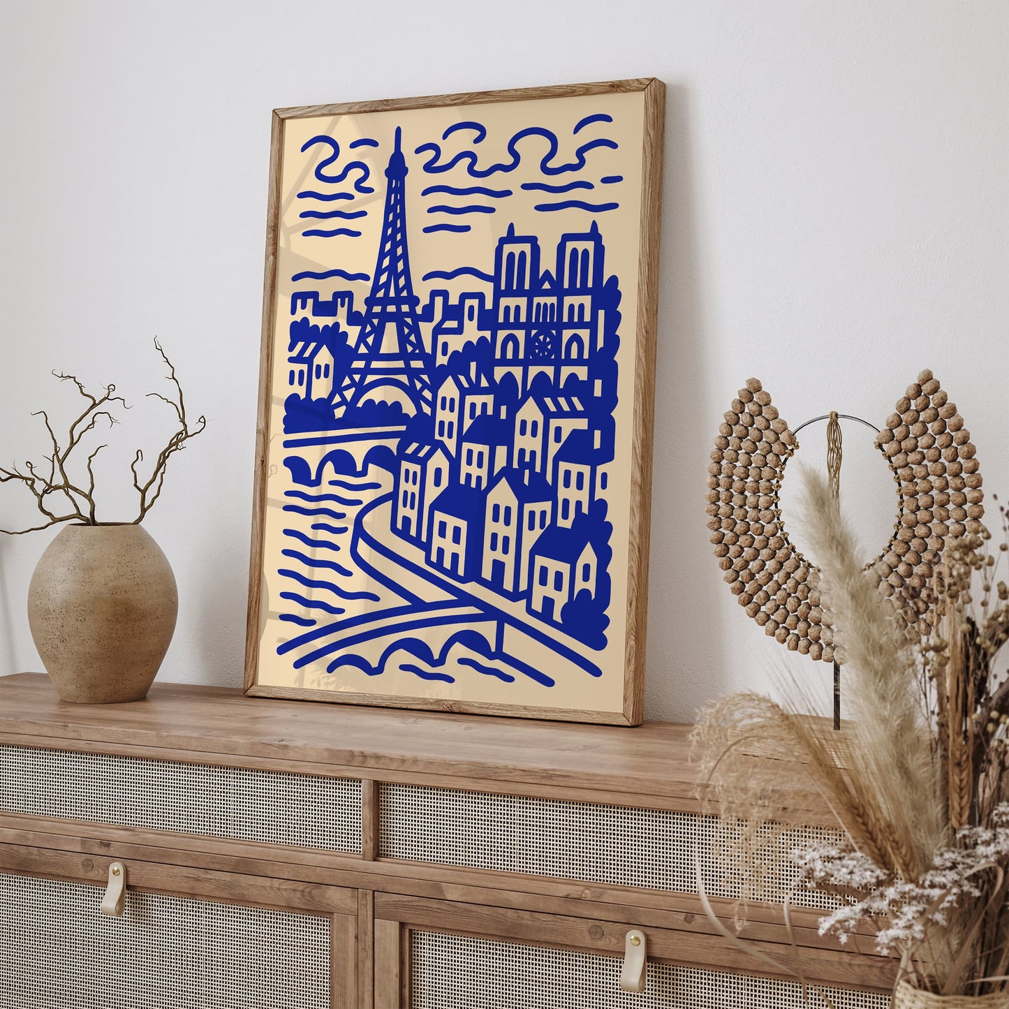 Modern Line Art Paris Cityscape Blue Poster