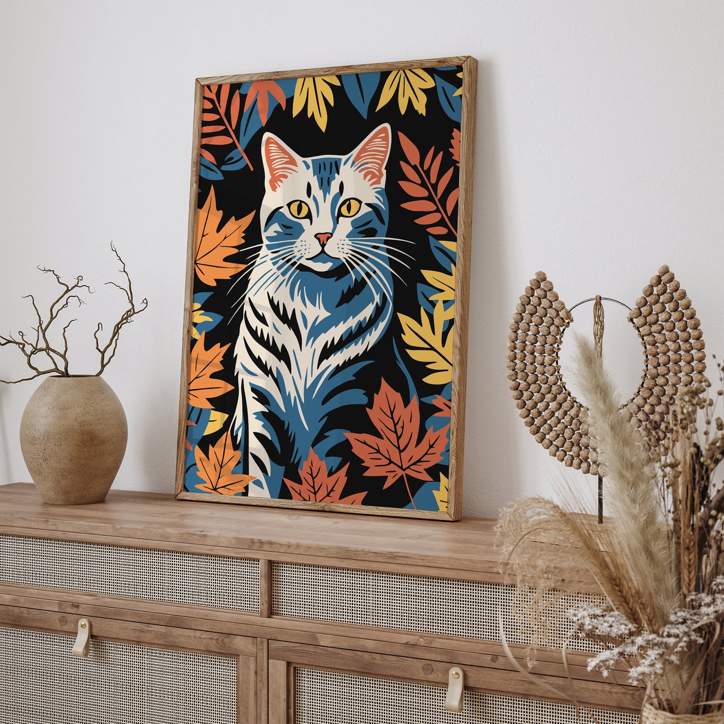 Cute Cat in Fall Leaves Art Print