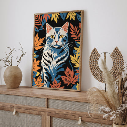 Cute Cat in Fall Leaves Art Print