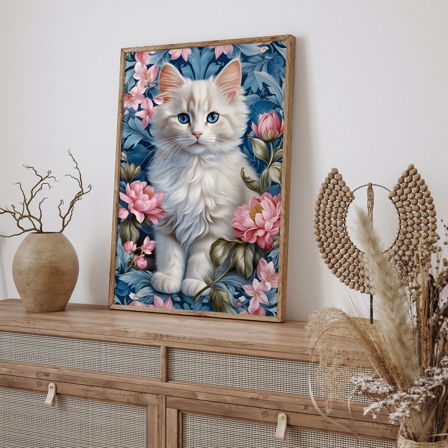 Cute White Cat in Blue Flowers Poster