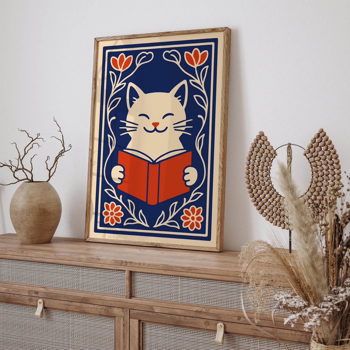 Cute White Cat with a Book Poster