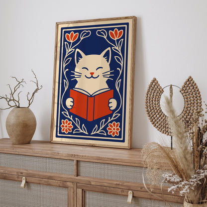 Cute White Cat with a Book Poster