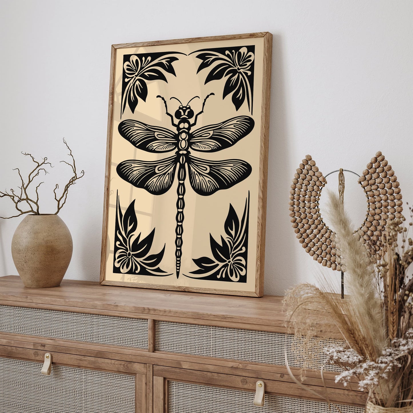 Rustic Black Dragonfly Illustration Print