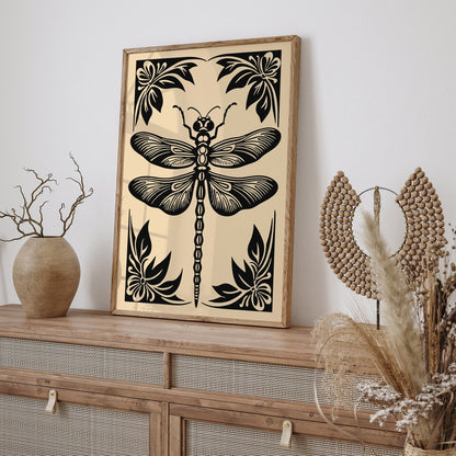 Rustic Black Dragonfly Illustration Print