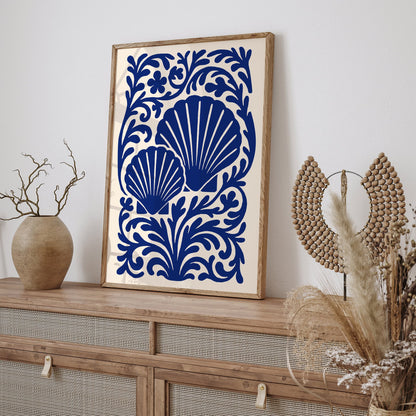 Blue Seashells Poster - Rococo Floral Ornament Wall Art