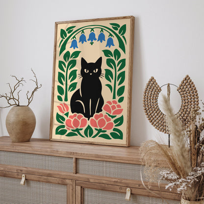 Black Cat Floral Poster