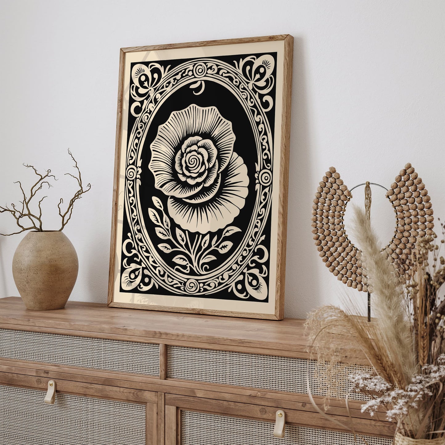 Black Rococo Revival Rose Flower Poster