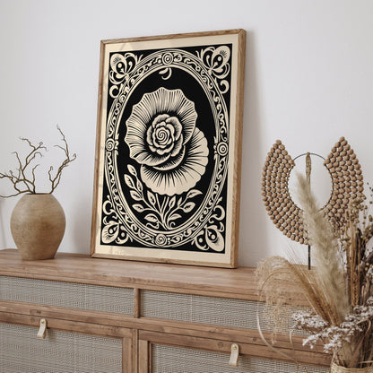 Black Rococo Revival Rose Flower Poster