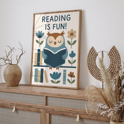 Reading is Fun! Poster - Blue Owl Art Print
