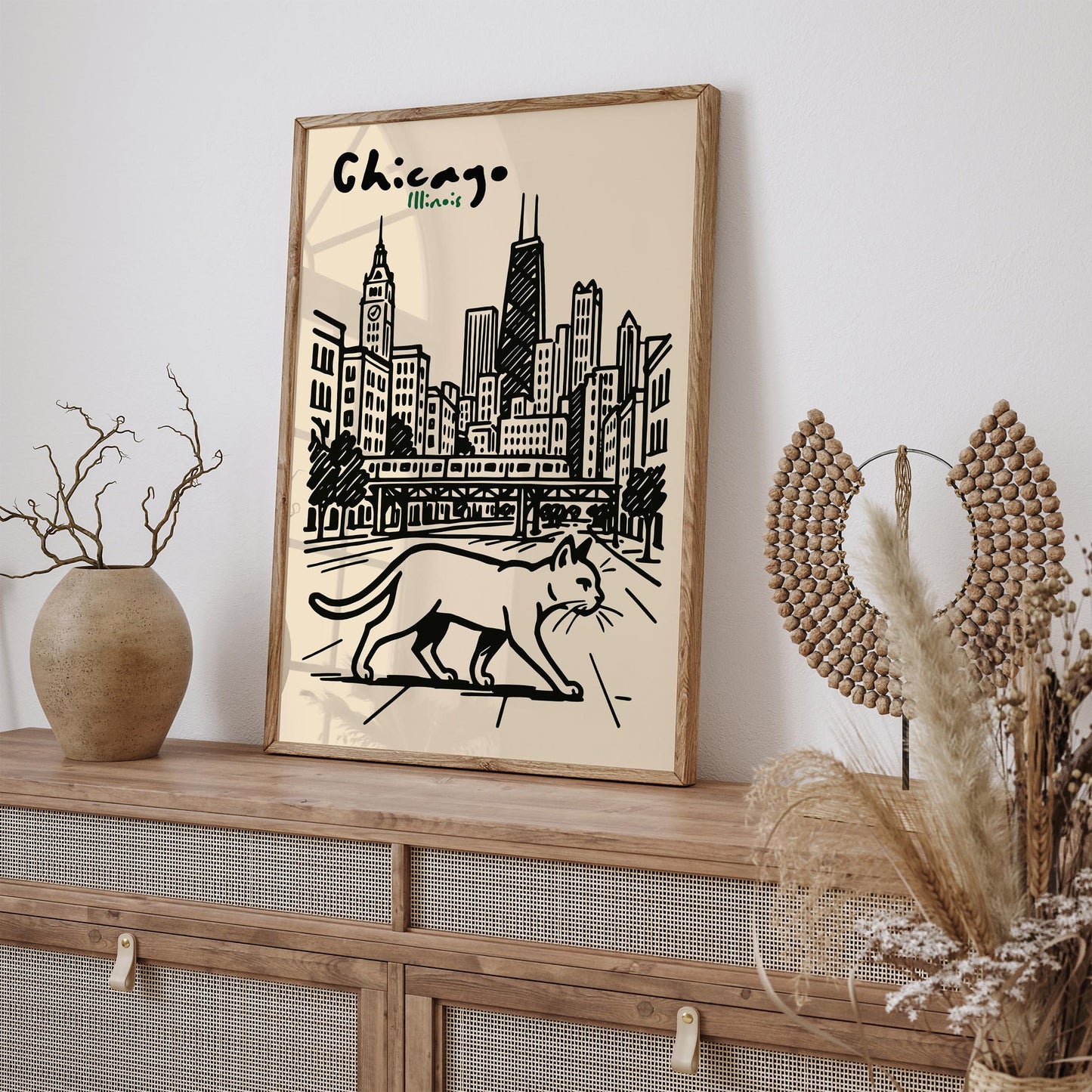 Chicago Illinois Poster - Walking Cat Wall Art Print