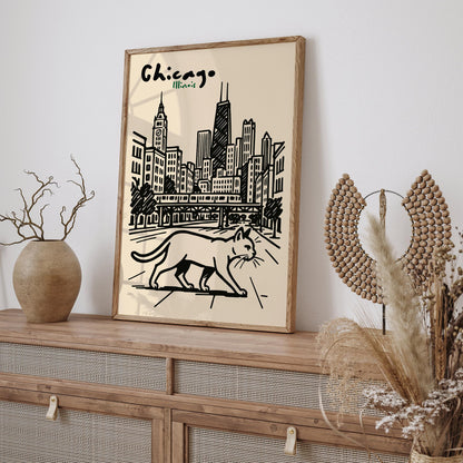 Chicago Illinois Poster - Walking Cat Wall Art Print