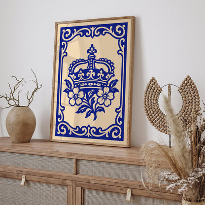 Royal Blue Rococo Floral Crown Art Poster