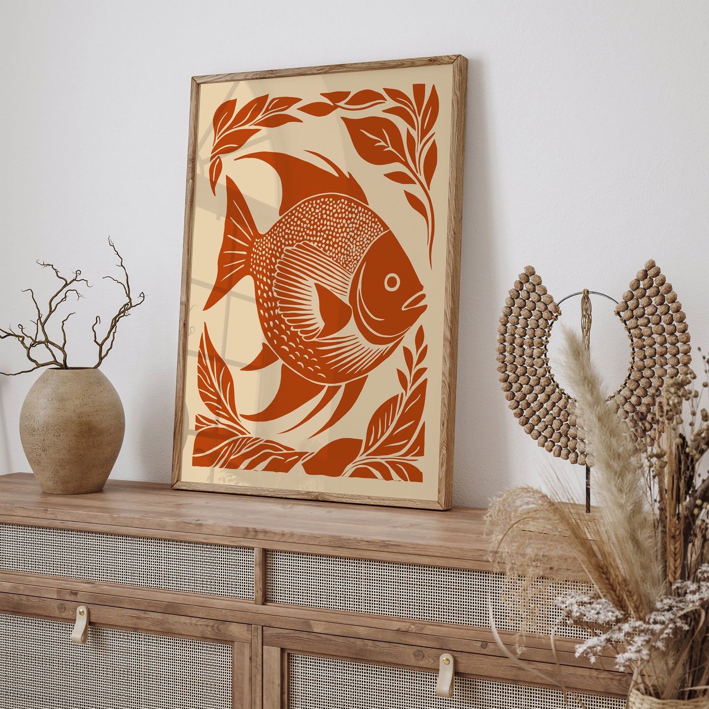 Vintage Linocut Fish Print - Retro Wall Art