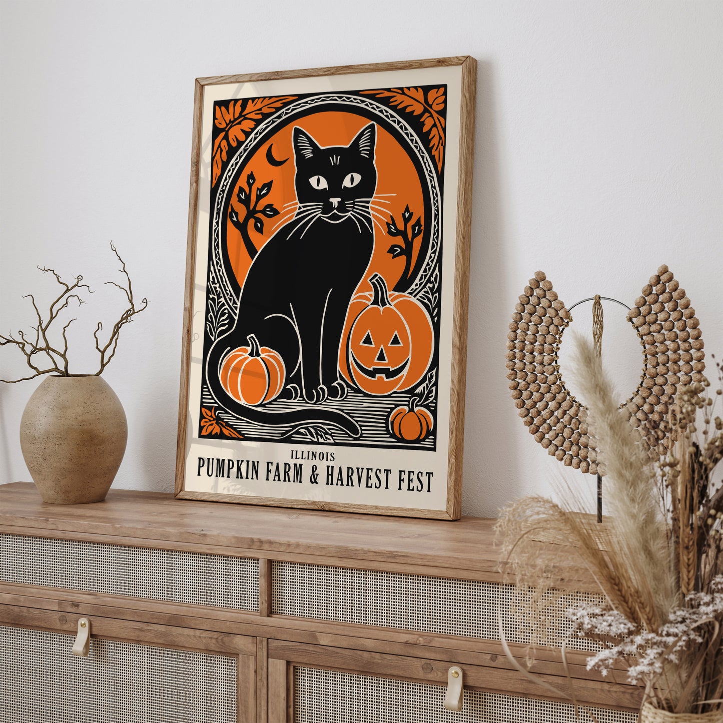 Black Cat and Pumpkin Farm Poster