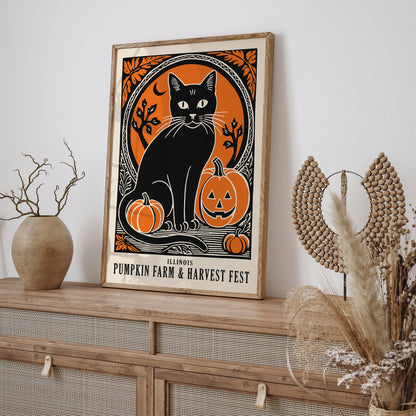 Black Cat and Pumpkin Farm Poster