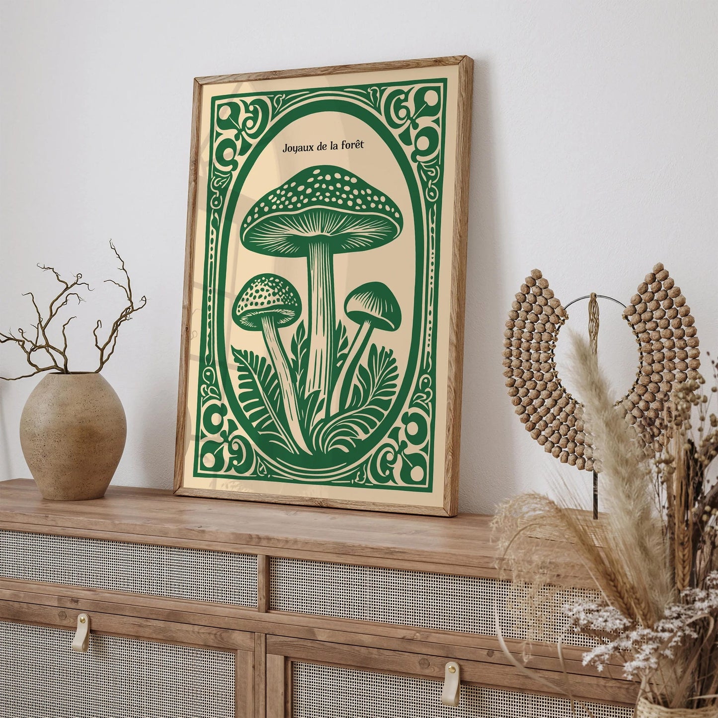 Forest Gems Green Linocut Mushroom Poster