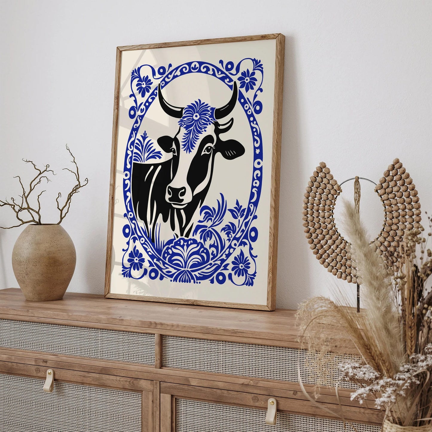 Blue Rococo Elegant Cow Portrait Art Print