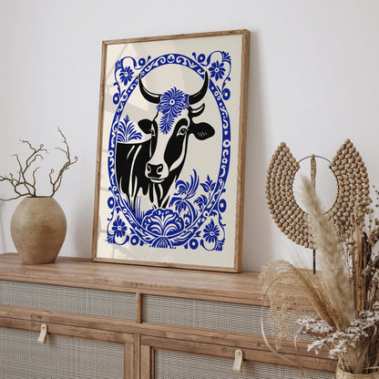 Blue Rococo Elegant Cow Portrait Art Print