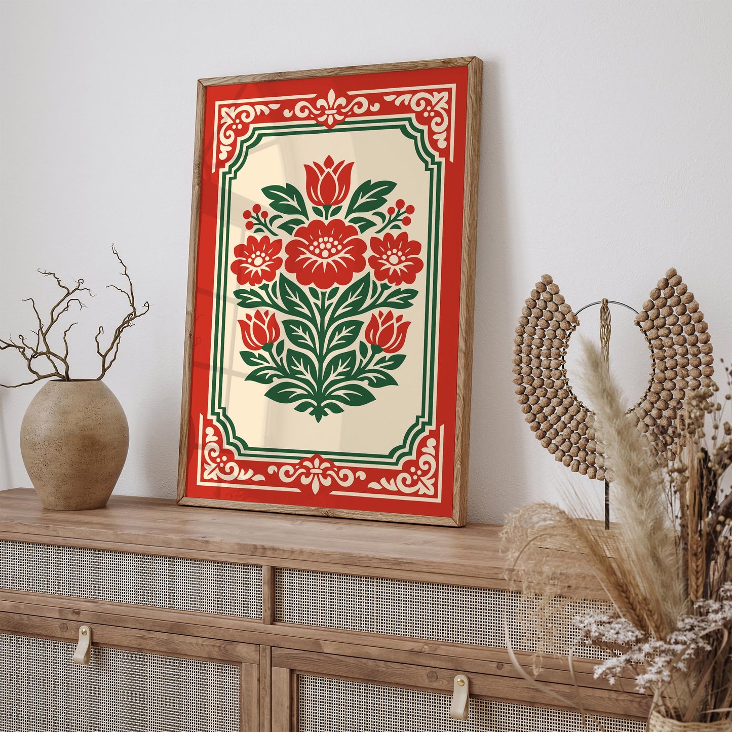 Red Rococo Floral Wall Art Print