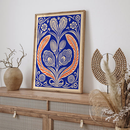 Abstract Floral Art in Linocut Style Poster