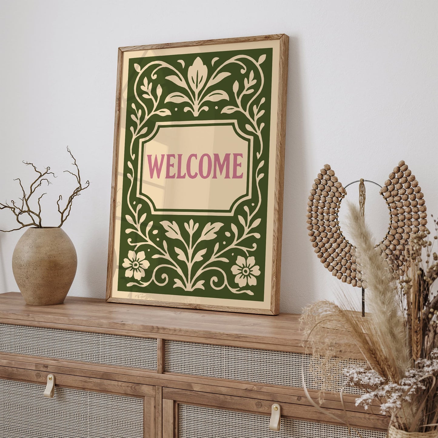 Green Welcome Sign Art Print in Floral Botanical Rococo Style