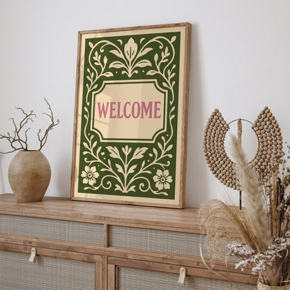 Green Welcome Sign Art Print in Floral Botanical Rococo Style