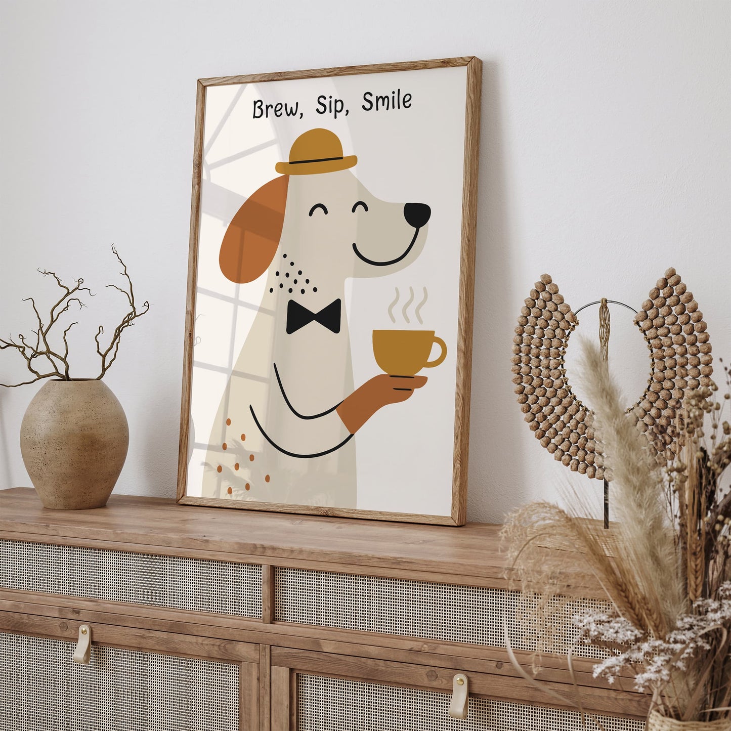 Brew Sip Smile Poster - Cute Dog with Tea Art Print