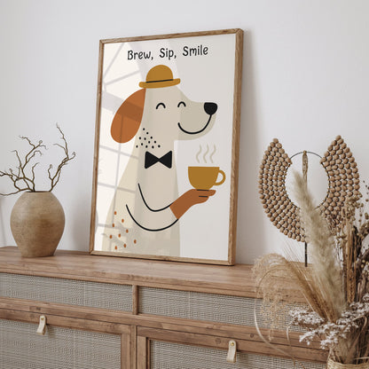 Brew Sip Smile Poster - Cute Dog with Tea Art Print