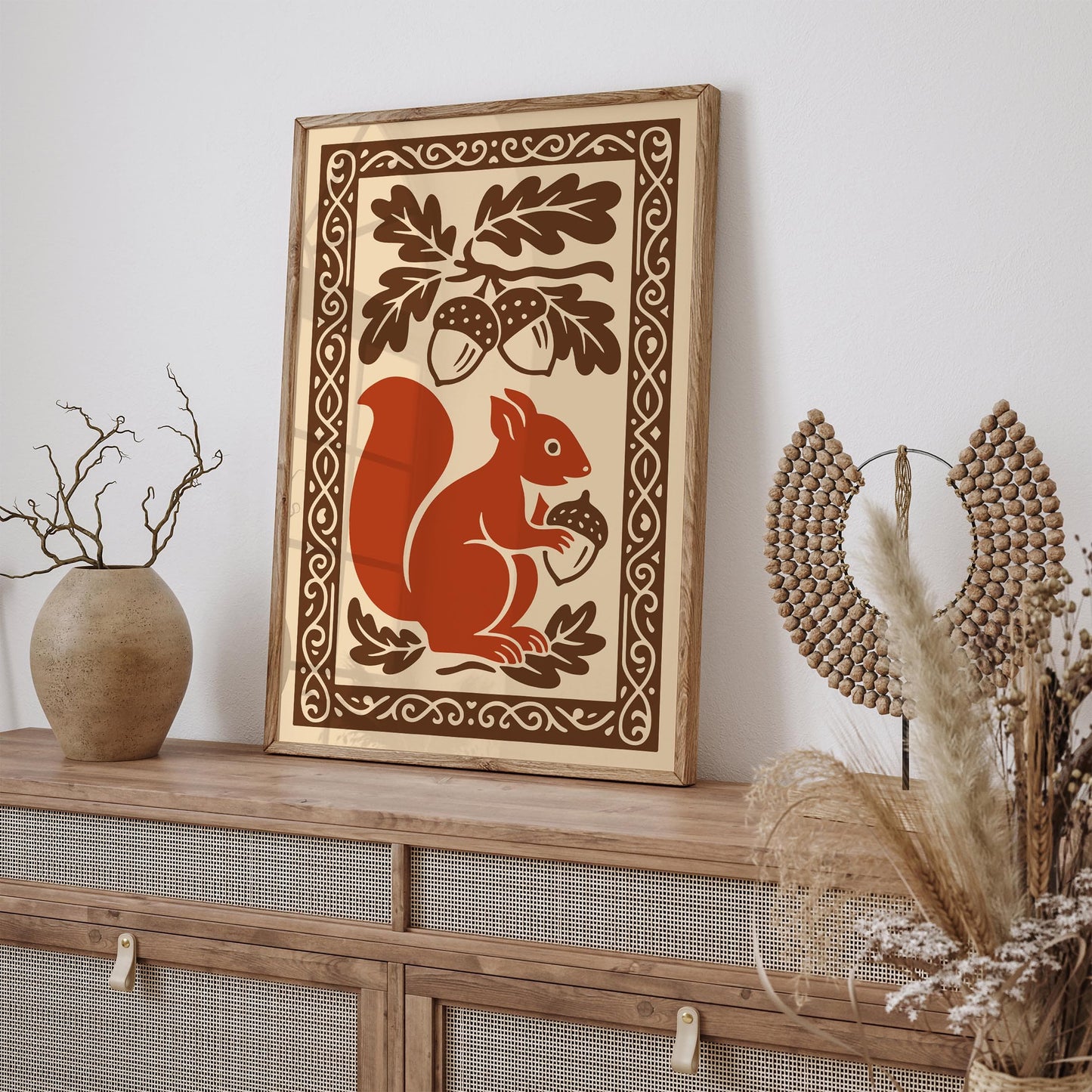 Autumn Squirrel Folk Art Print - Fall Woodcut Style Wall Decor Poster