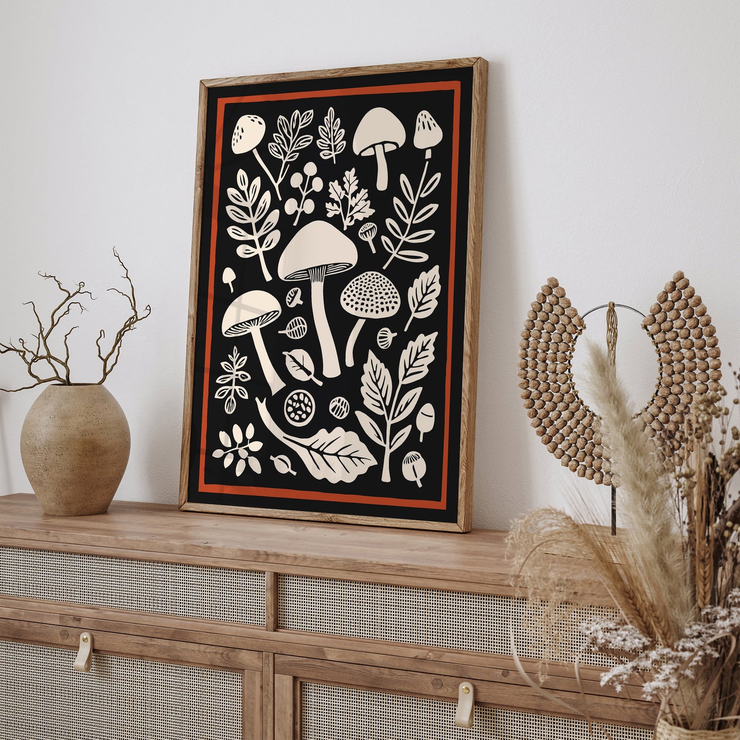 Vintage Forest Mushrooms Black Wall Art