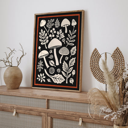 Vintage Forest Mushrooms Black Wall Art