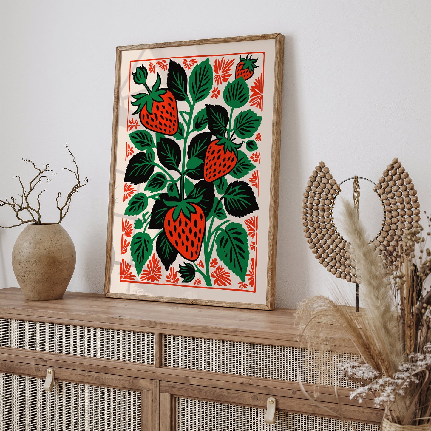 Retro Strawberry Linocut Art Print