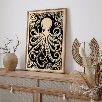 Octopus Rococo Style Black Animal Art Print