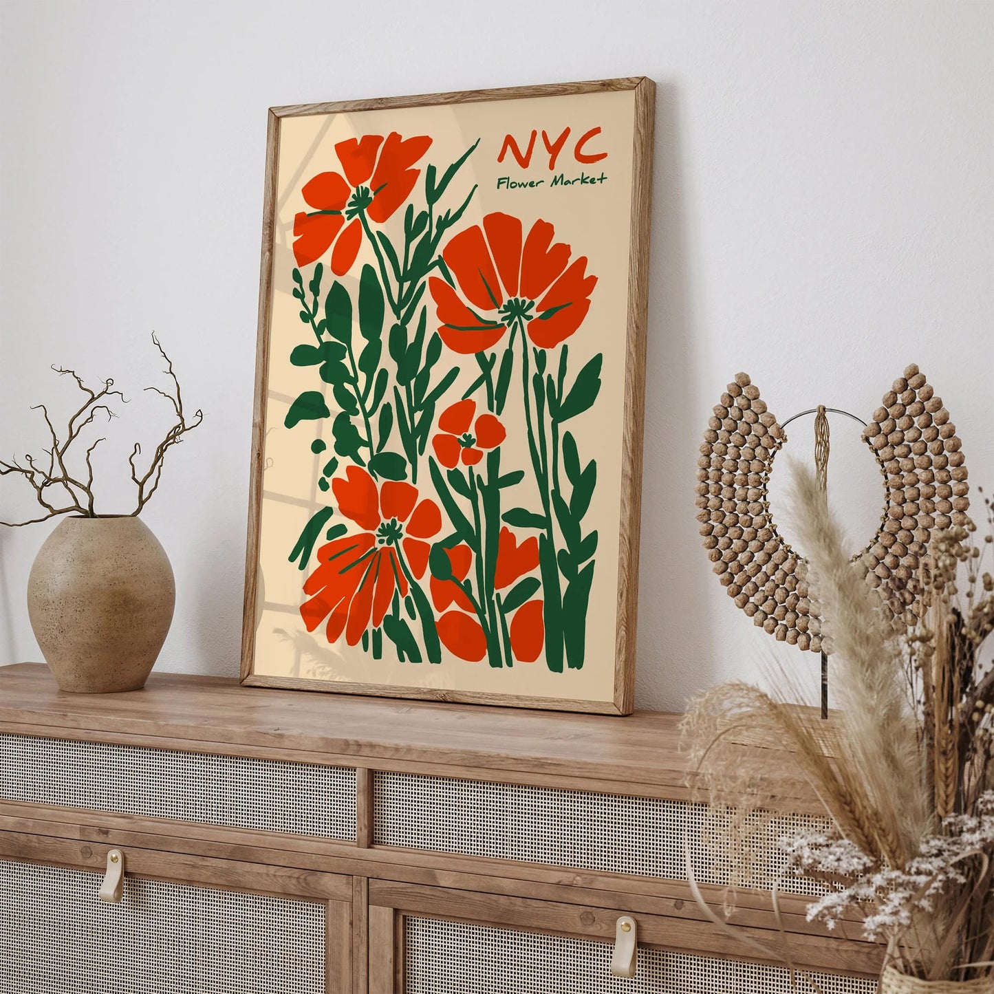 NYC Flower Market Wall Art – Red & Green Floral Poster Print