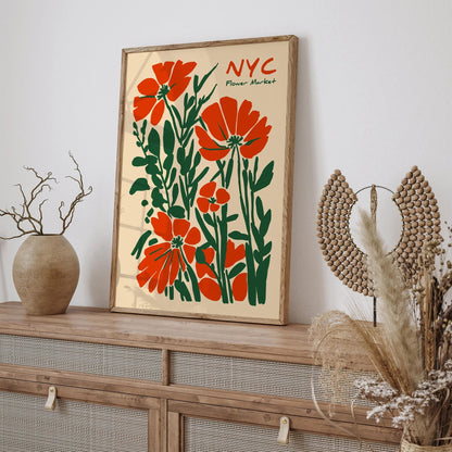 NYC Flower Market Wall Art – Red & Green Floral Poster Print
