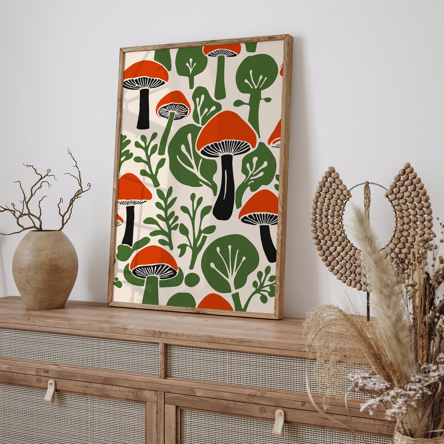 Green Red Mushroom Forest Art Print