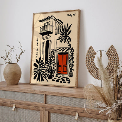 Dolce Far Niente Italy Poster, Black Ink Cityscape Print