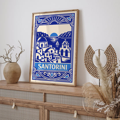 Blue Art Deco Santorini Wall Art Print – Greek Island Decor