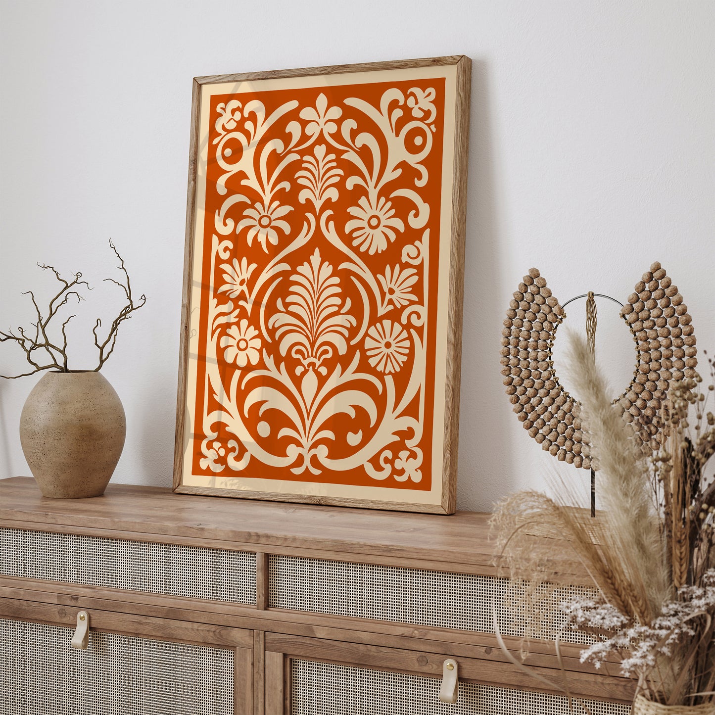 Folk Burnt Orange Floral Cut Outs Print