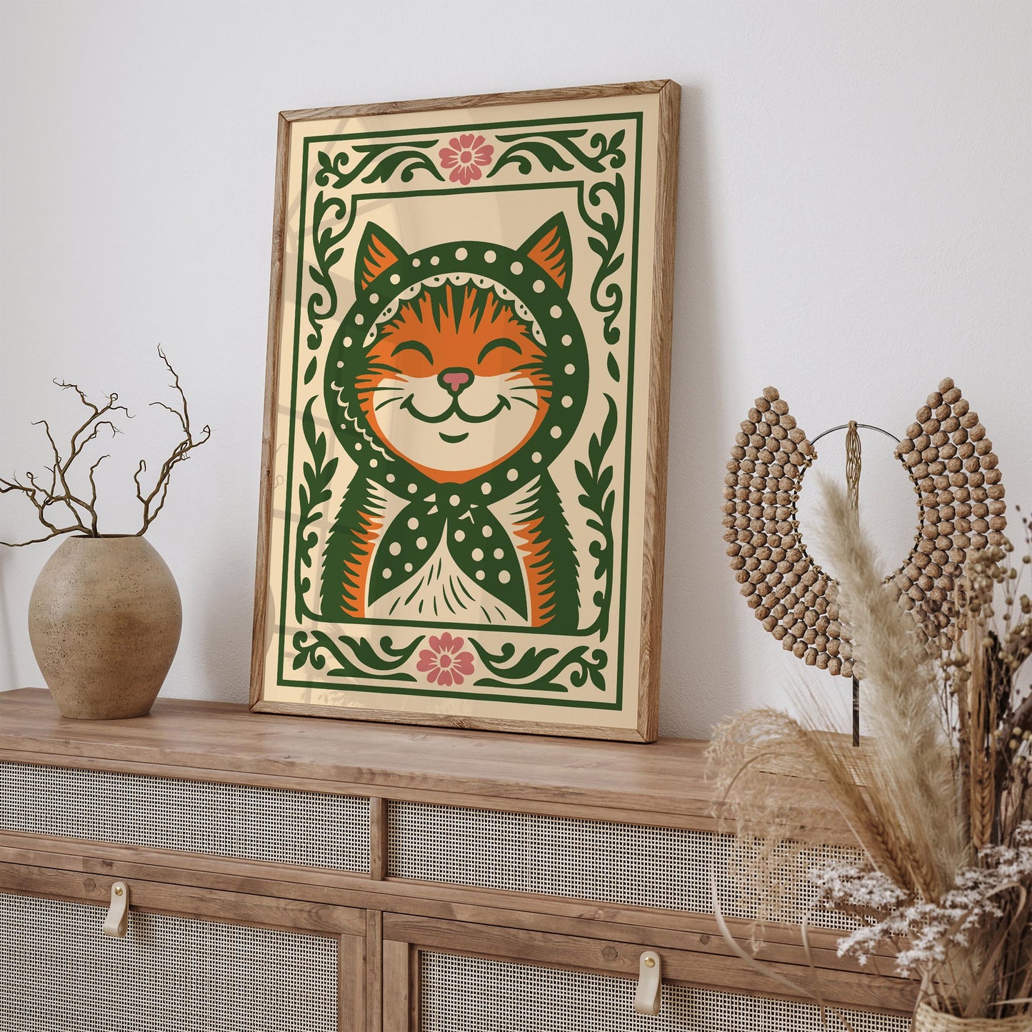Whimsical Cat Poster - Folk Art Animal Wall Print