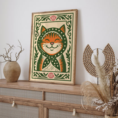 Whimsical Cat Poster - Folk Art Animal Wall Print