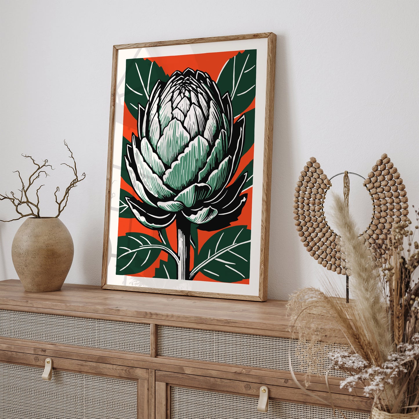 Retro Red Green Artichoke Linocut Print