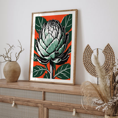 Retro Red Green Artichoke Linocut Print